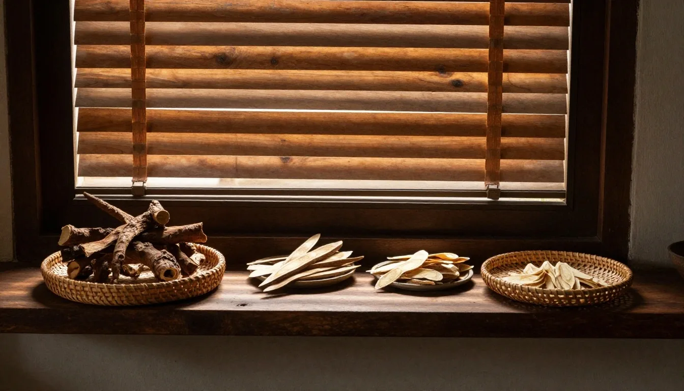 Raw botanical materials on a wooden workbench — natural supplements for men