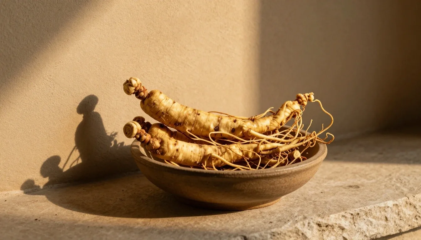 Raw maca root and ginseng on a wooden surface — natural capsules for strength and vitality