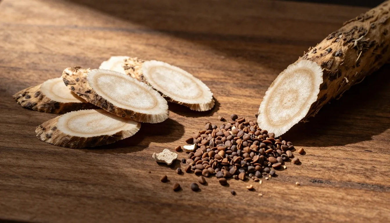 Raw natural materials — roots and botanicals on a wooden surface